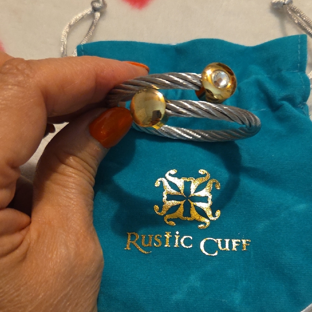 Rustic Cuff Twisted Silver Bracelet With Gold Acc… - image 1